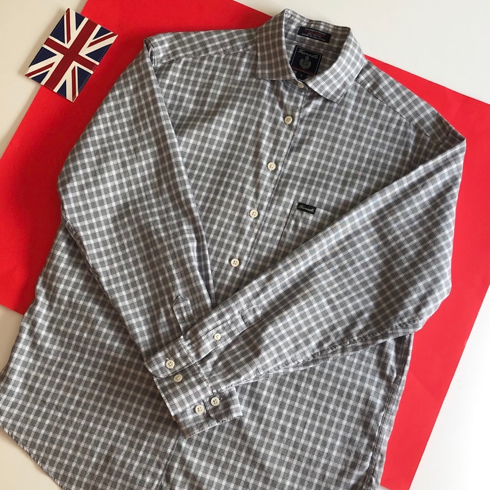 Façonnable women’s black/white/blue plaid long sleeve shirt